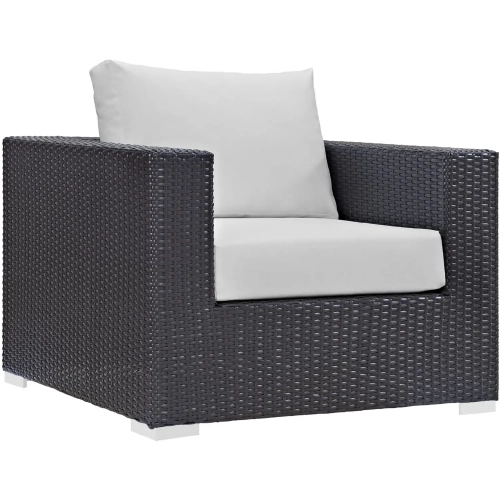 Convene Outdoor Patio Armchair in Espresso with White Cushion with Polished Stainless Legs
