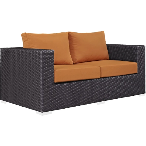 Convene Outdoor Patio Loveseat in Espresso with Orange Cushion
