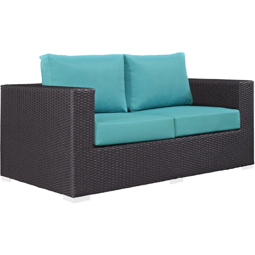 Convene Outdoor Patio Loveseat in Espresso with Turquoise Cushion