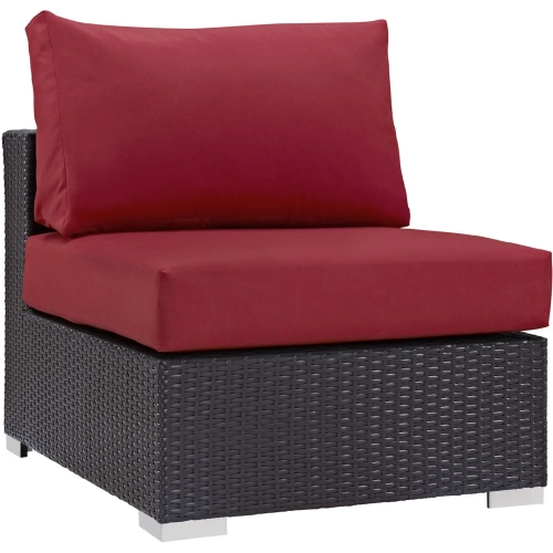 Convene Outdoor Patio Armless Section in Espresso with Red Cushion with Polished Stainless Legs
