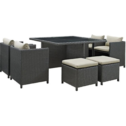 Sojourn 9 Piece Outdoor Patio Hide-Away Dining Set in Poly Rattan with Beige Sunbrella &reg Cushions