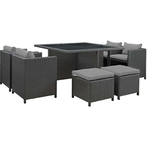 Sojourn 9 Piece Outdoor Sunbrella&reg; Dining Set in Chocolate Poly Rattan & Grey