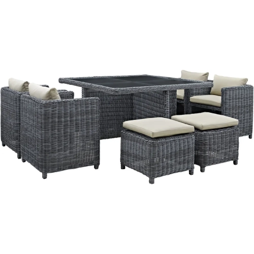 Summon 9 Piece Outdoor Patio Dining Set in Poly Rattan with Beige Sunbrella