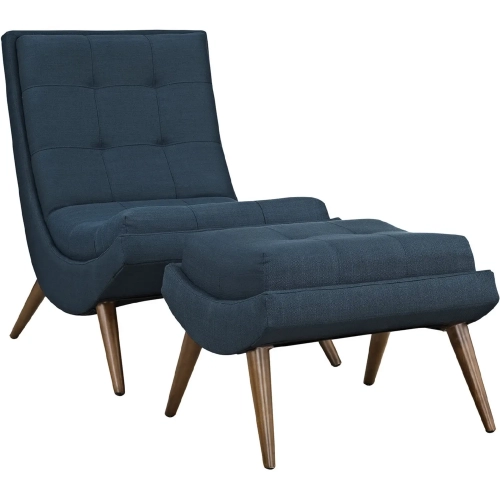 Ramp Lounge Chair & Ottoman in Azure Fabric & Cherry Beech Wood