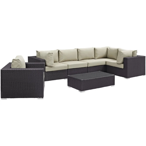Convene 7 Piece Outdoor Patio Sectional Set in Espresso with Beige Cushions