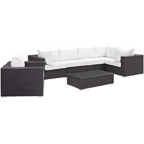 Convene 7 Piece Outdoor Patio Sectional Set in Espresso with White Cushions