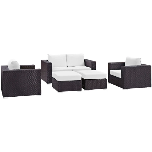 Convene 5 Piece Outdoor Patio Sofa Set in Espresso with White Cushions