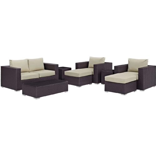 Convene 8 Piece Outdoor Patio Sofa Set in Espresso with Beige Cushions
