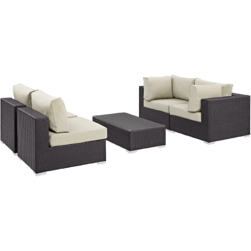 Convene 5 Piece Outdoor Patio Sectional Set in Espresso with Beige Cushions