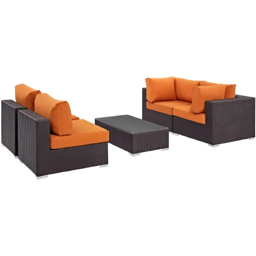 Convene 5 Piece Outdoor Patio Sectional Set in Espresso with Orange Cushions