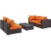 Convene 5 Piece Outdoor Patio Sectional Set in Espresso with Orange Cushions