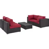 Convene 5 Piece Outdoor Patio Sectional Set in Espresso with Red Cushions