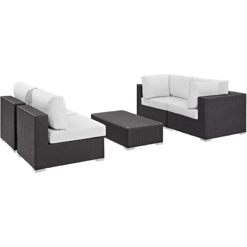 Convene 5 Piece Outdoor Patio Sectional Set in Espresso with White Cushions