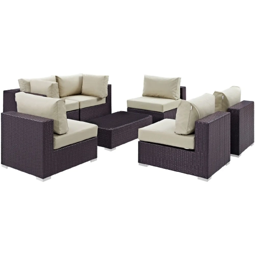 Convene 7 Piece Outdoor Patio Sectional Set in Espresso with Beige Cushions