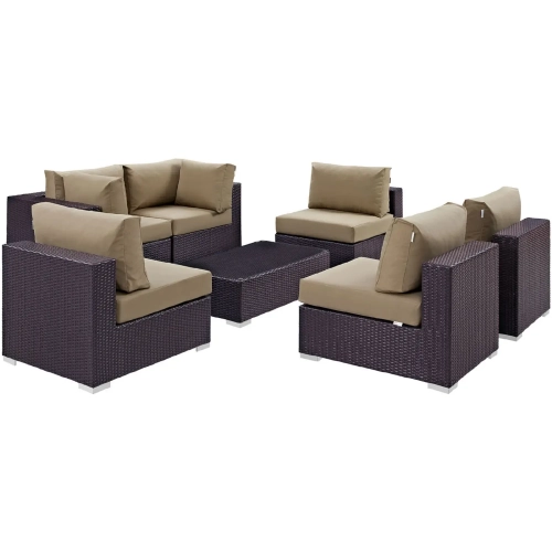 Convene 7 Piece Outdoor Patio Sectional Set in Espresso with Mocha Cushions