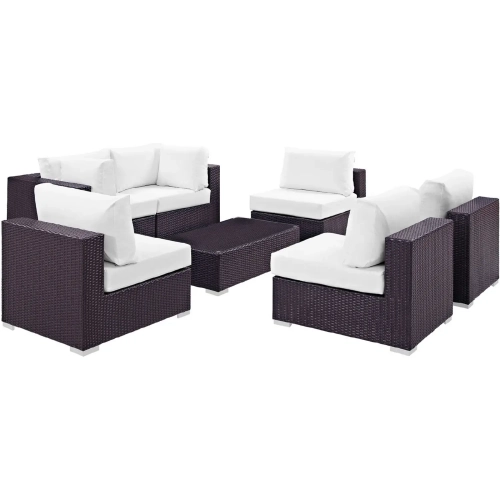 Convene 7 Piece Outdoor Patio Sectional Set in Espresso with White Cushions