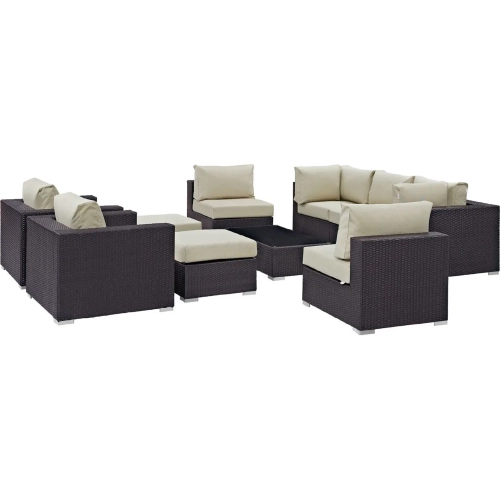 Convene 10 Piece Outdoor Patio Sectional Set in Espresso with Beige Cushions