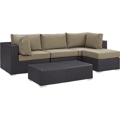 Convene 5 Piece Outdoor Patio Sectional Set in Espresso with Mocha Cushions