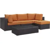 Convene 5 Piece Outdoor Patio Sectional Set in Espresso with Orange Cushions