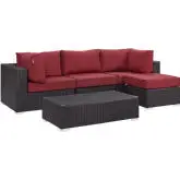 Convene 5 Piece Outdoor Patio Sectional Set in Espresso with Red Cushions