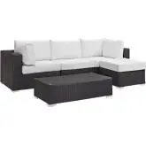 Convene 5 Piece Outdoor Patio Sectional Set in Espresso with White Cushions
