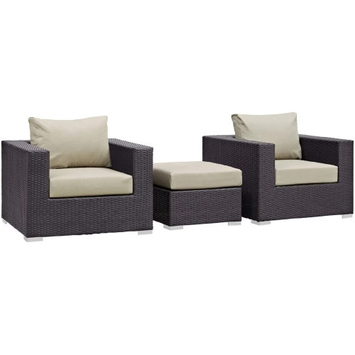 Convene 3 Piece Outdoor Patio Armchair Set in Espresso with Beige Cushions