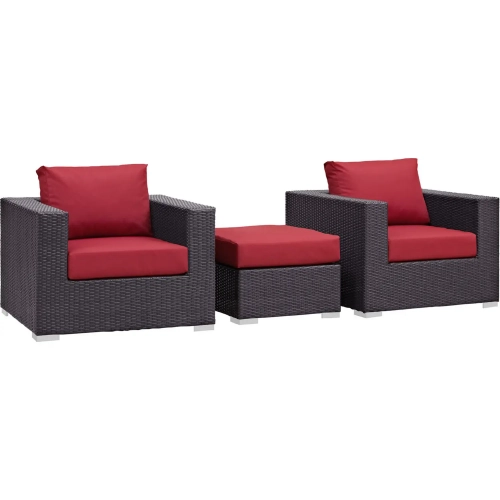 Convene 3 Piece Outdoor Patio Armchair Set in Espresso with Red Cushions