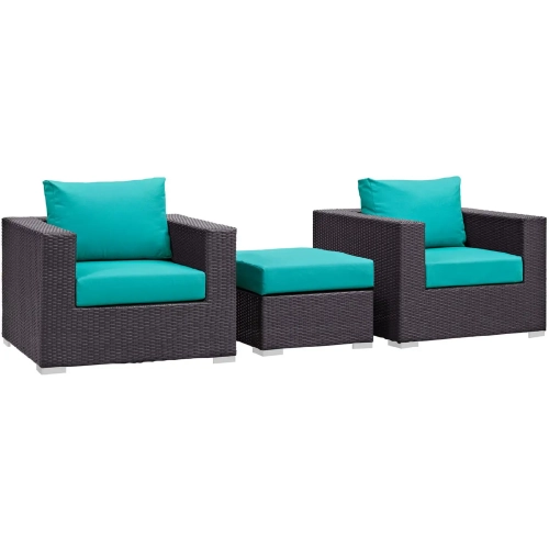 Convene 3 Piece Outdoor Patio Armchair Set in Espresso with Turquoise Cushions