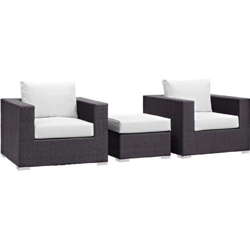 Convene 3 Piece Outdoor Patio Armchair Set in Espresso with White Cushions