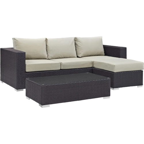 Convene 3 Piece Outdoor Patio Sofa Set in Espresso with Beige Cushions