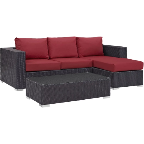 Convene 3 Piece Outdoor Patio Sofa Set in Espresso with Red Cushions