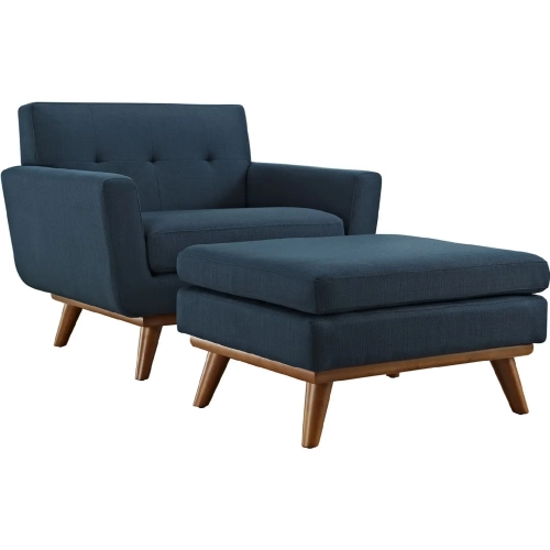 Engage Arm Chair & Ottoman in Tufted Azure Fabric & Cherry Finish Legs