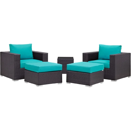 Convene 5 Piece Outdoor Patio Sectional Set in Espresso with Turquoise Cushions
