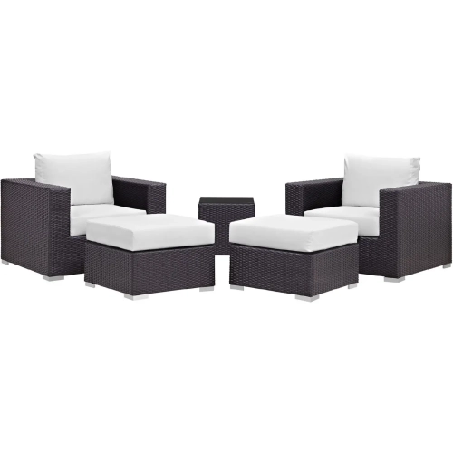 Convene 5 Piece Outdoor Patio Sectional Set in Espresso with White Cushions