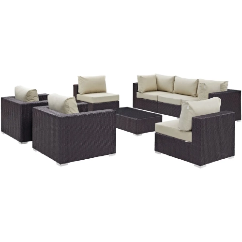 Convene 8 Piece Outdoor Patio Sectional Set in Espresso with Beige Cushions