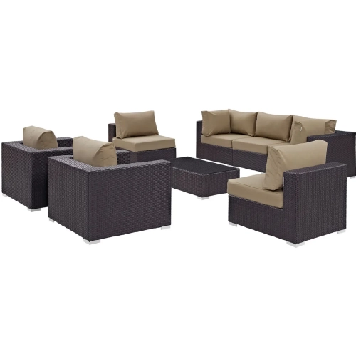 Convene 8 Piece Outdoor Patio Sectional Set in Espresso with Mocha Cushions