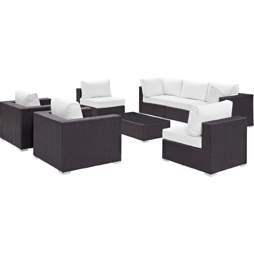 Convene 8 Piece Outdoor Patio Sectional Set in Espresso with White Cushions