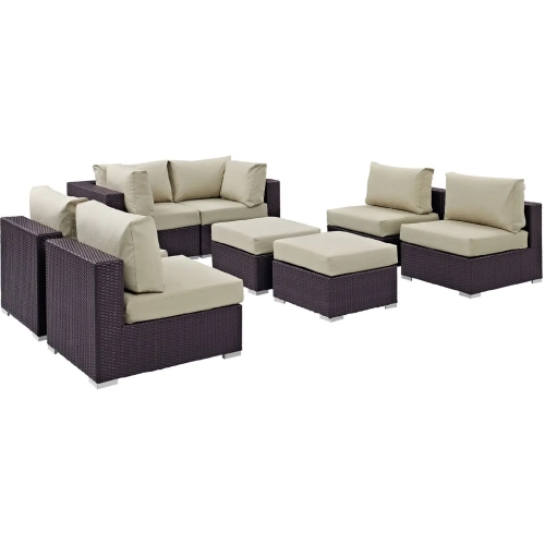 Convene 8 Piece Outdoor Patio Sectional Set in Espresso with Beige Cushions