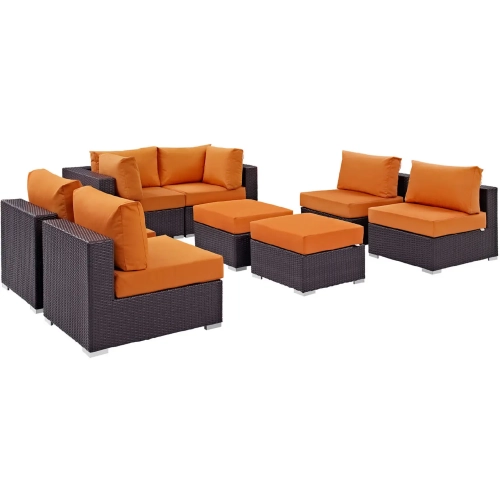 Convene 8 Piece Outdoor Patio Sectional Set in Espresso with Orange Cushions