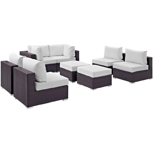 Convene 8 Piece Outdoor Patio Sectional Set in Espresso with White Cushions