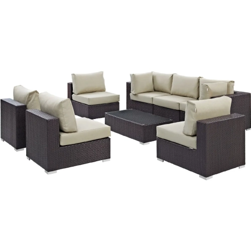 Convene 8 Piece Outdoor Patio Sectional Set in Espresso with Beige Cushions