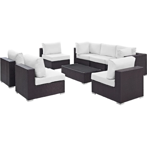 Convene 8 Piece Outdoor Patio Sectional Set in Espresso with White Cushions