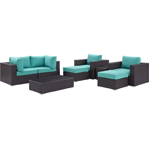Convene 8 Piece Outdoor Patio Sectional Set in Espresso with Turquoise Cushions