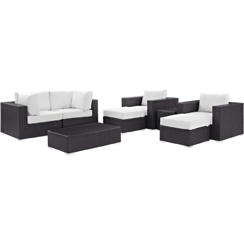 Convene 8 Piece Outdoor Patio Sectional Set in Espresso with White Cushions