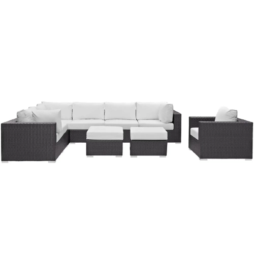 Convene 9 Piece Outdoor Patio Sectional Set in Espresso with White Cushions