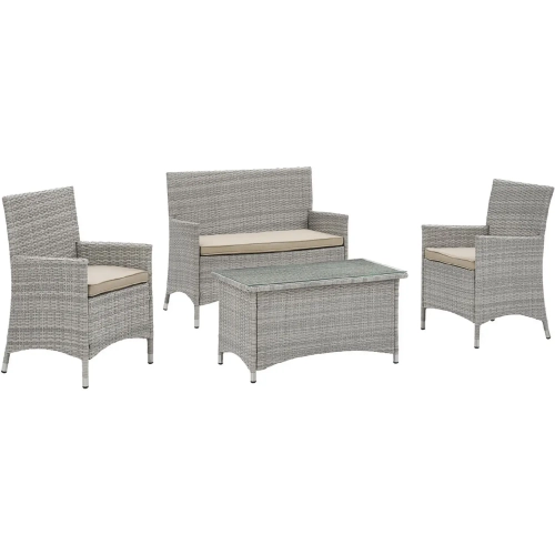 Bridge Outdoor Patio Loveseat & Arm Chair Set in Light Gray with Beige Cushions