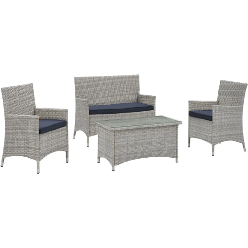Bridge Outdoor Patio Loveseat & Arm Chair Set in Light Gray with Navy Cushions