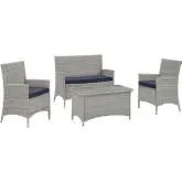 Bridge Outdoor Patio Loveseat & Arm Chair Set in Light Gray with Navy Cushions