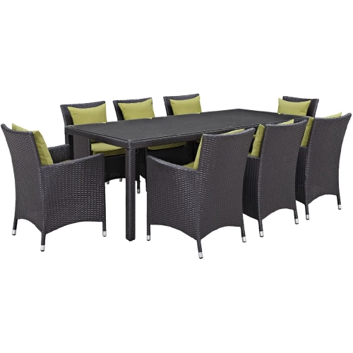 Convene 9 Piece Outdoor Patio Dining Set in Espresso with Peridot Cushions
