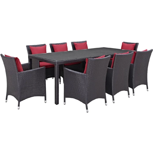 Convene 9 Piece Outdoor Patio Dining Set in Espresso with Red Cushions
